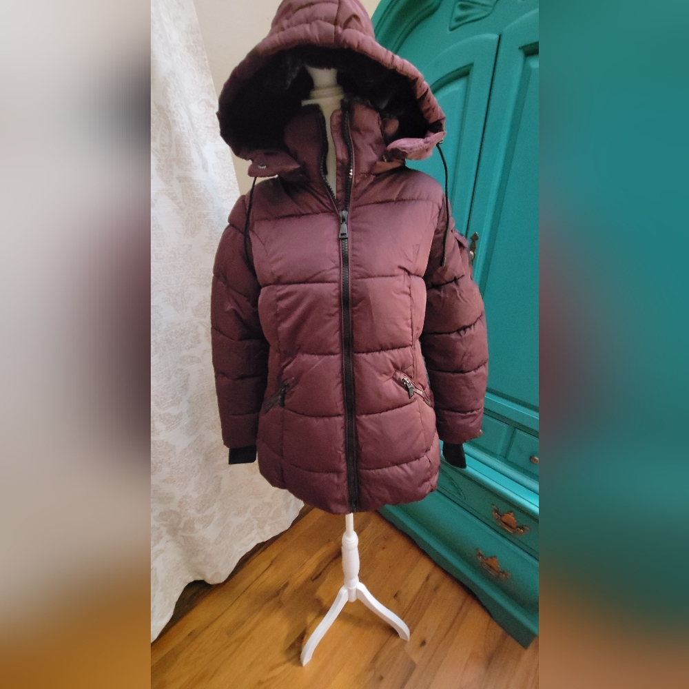 Steve Madden Burgundy Puffer Jacket -Faux Fur Lined Hood